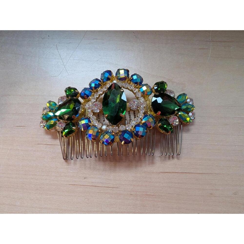Green Rhinestone Sparkly Huge Bridal Formal Hair Comb Handmade